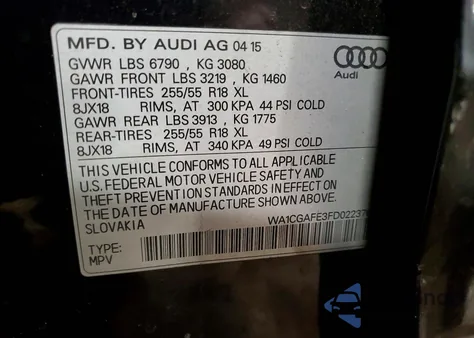 2015 Audi Q7 Premium from USA, damaged, VIN WA1CGAFE3FD022376